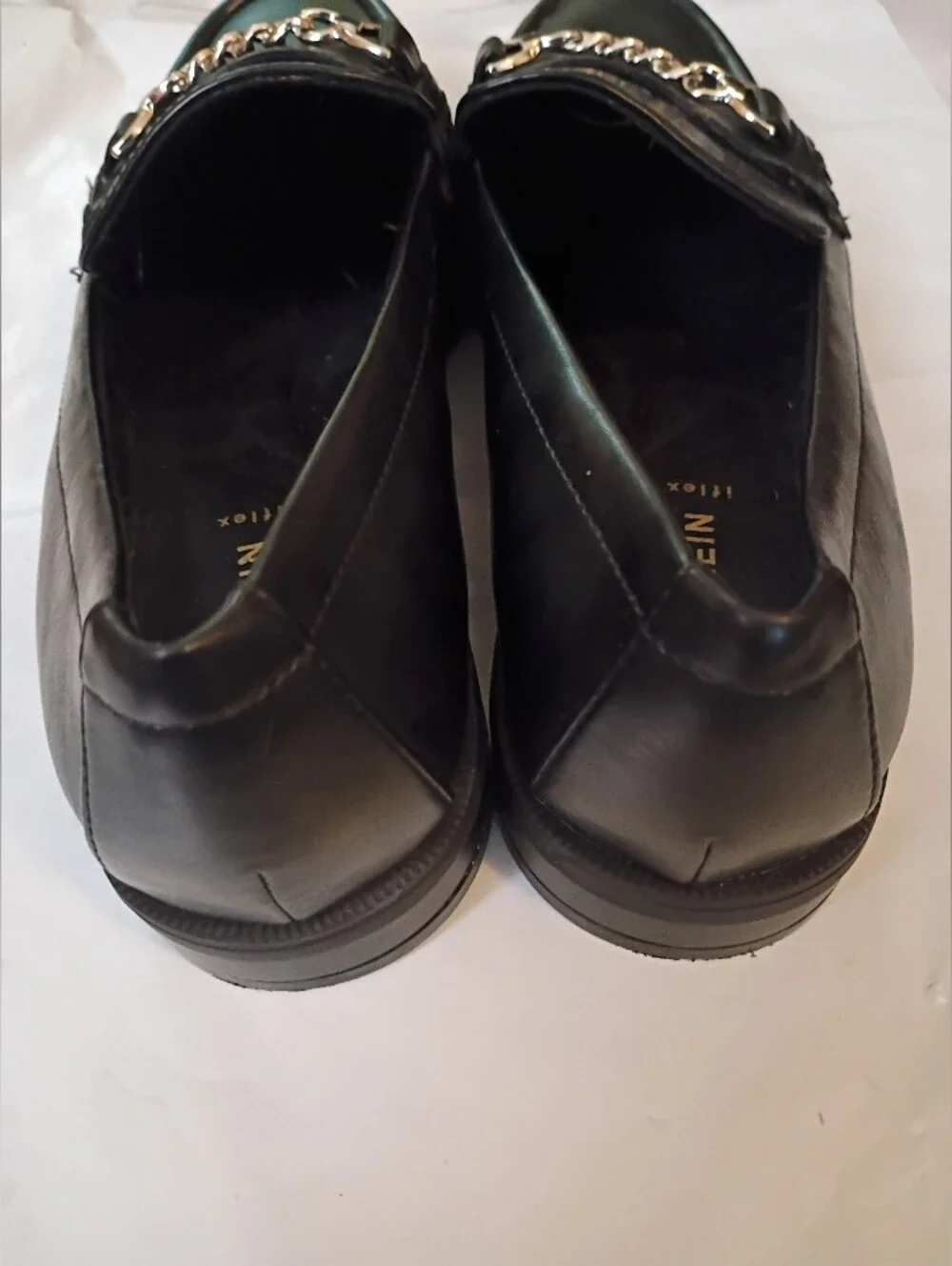 Anne Klein Black Leather Slip-On Loafers with Silver Chain Size 8 M